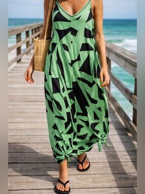 Green and Black Abstract Print Slip Dress